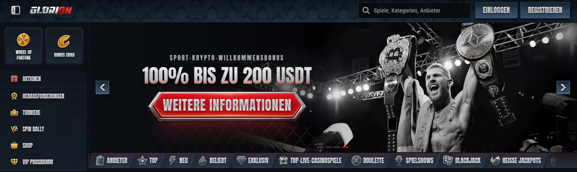 Glorion glänzt als vielseitiger Wettanbieter ohne LUGAS mit der breitesten Zahlungsauswahl im Vergleich, die unter anderem acht verschiedene Kryptowährungen für deine Sportwetten unterstützt.